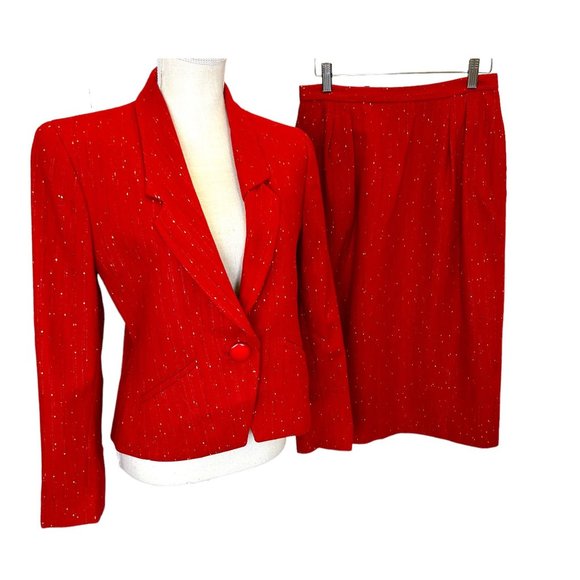 Vintage Dresses & Skirts - Vintage 80s Red Speckled Wool Blend Tapered Blazer Pencil Skirt Suit Set Medium